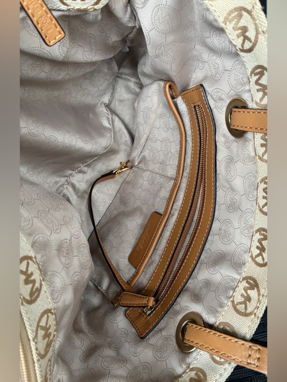 Michael Kors Tan Beige MK Logo Canvas Tote with Leather Straps - Picture 7 of 16